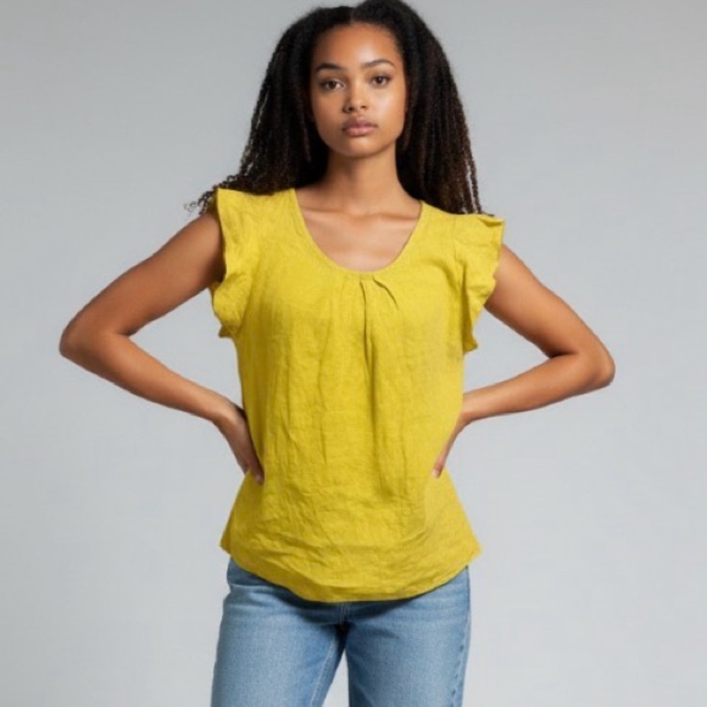 Terzo Millennio ITALY 100% Linen Short Cap Sleeve Blouse Mustard Yellow Size S